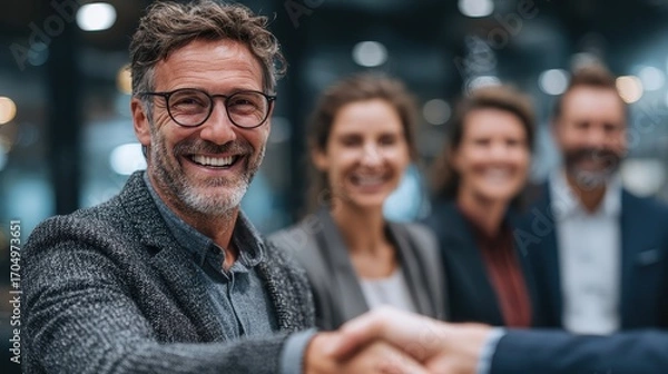 Fototapeta Group of positive professionals congratulate african american woman on her success with a firm handshake and smiling faces in modern workplace