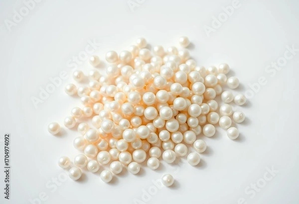 Fototapeta A luminous heap of pearls spills across a pristine white surface, pile, luxury