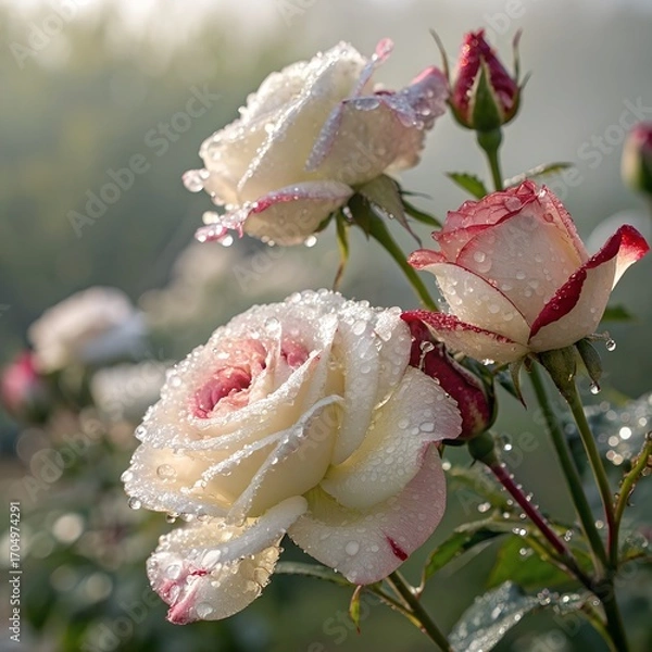 Fototapeta A close-up of fresh white and red roses with morning dew and a blurred garden background.