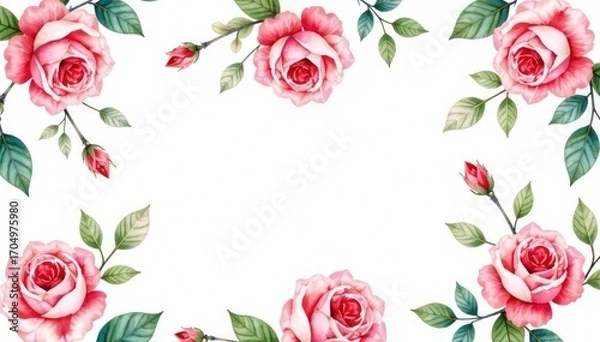 Fototapeta Delicate watercolor roses & leaves, repeating pattern, texture, print