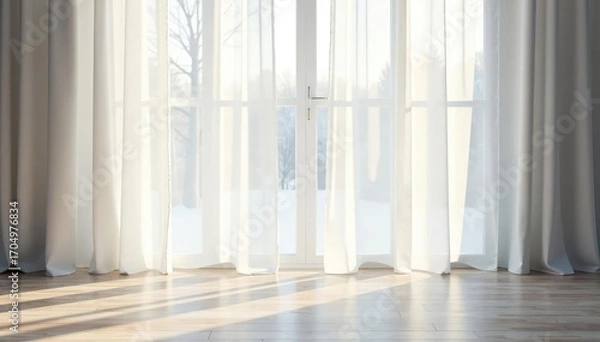 Obraz Flowing sheer white curtains, soft light diffusion , romantic, background, texture
