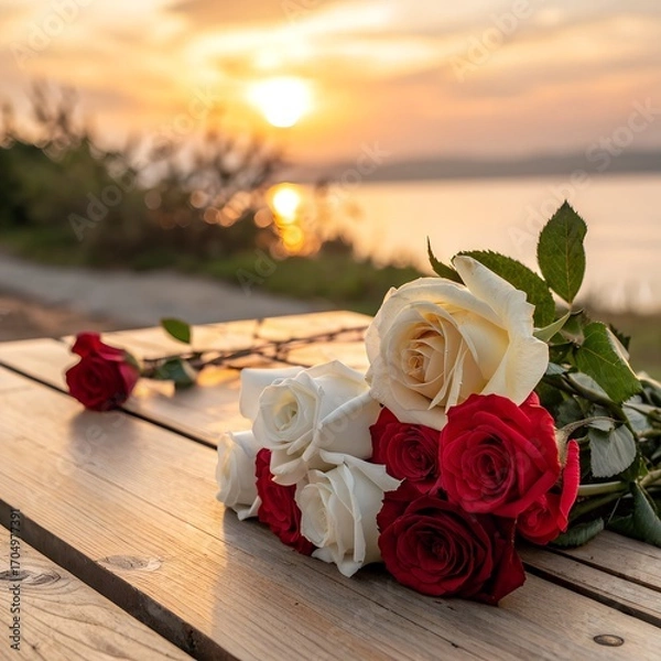 Fototapeta Fresh white and red roses lying on a wooden table with a warm sunset background.