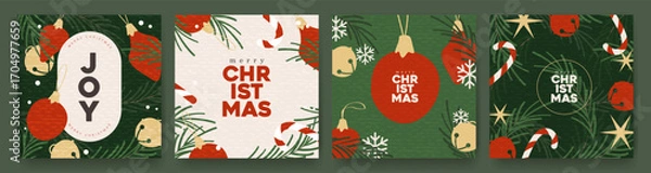 Fototapeta Merry Christmas and Happy New Year banner set with festive decorations, postcard layout, winter elements, and elegant holiday design for social media, greetings, and promotional use