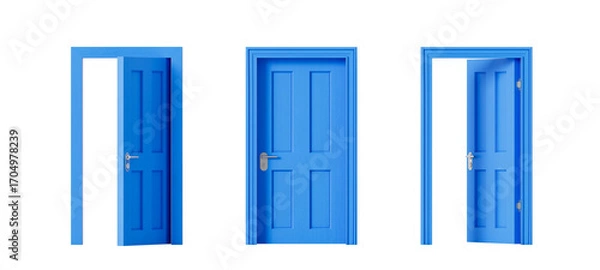 Fototapeta Blue wooden doors in different open and closed states, realistic style, isolated on white. Concept of entry, choice, possibility, or privacy. 3D Rendering.