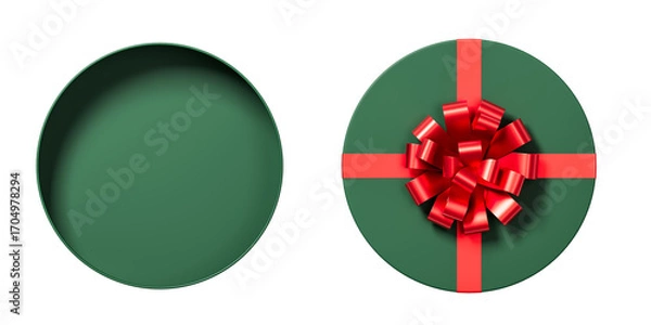 Fototapeta Round green gift box with a shiny red ribbon and bow, shown open and closed, realistic style on white background, concept of celebration or gift. 3D Rendering.
