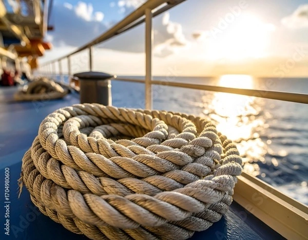 Fototapeta Nautical rope coiled on a ship's deck at sunset