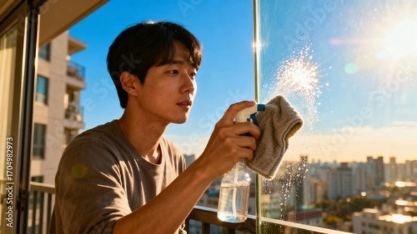 Fototapeta 아파트베란다창문청소하는한국인