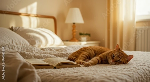 Obraz Orange cat resting on a bed next to an open book with warm sunlight. Cozy domestic scene for comfort and relaxation.