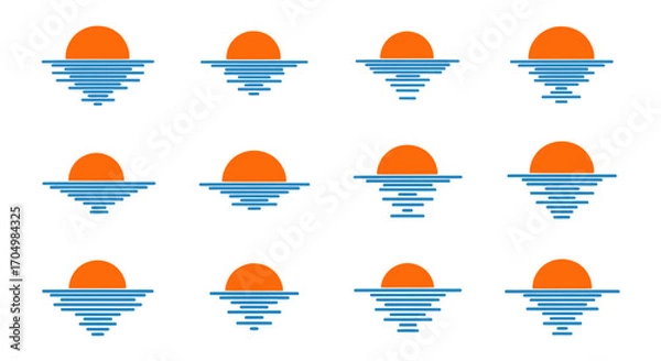 Obraz Set of stylized sunrise and sunset icons over water reflection.