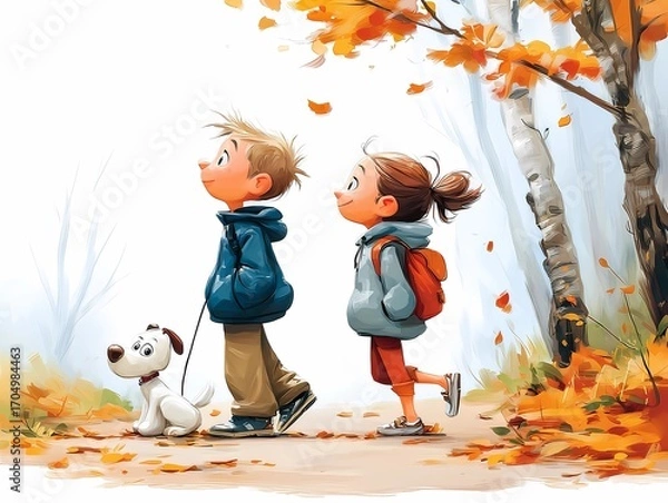 Fototapeta Children walking with dog in autumn forest enjoying falling leaves