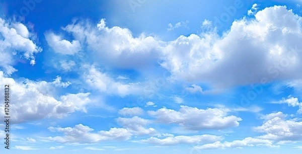 Fototapeta Panoramic view of a vibrant blue sky filled with fluffy white clouds
