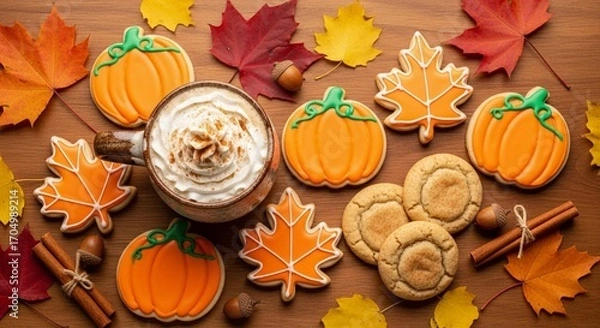 Fototapeta Autumn coffee flat lay with pumpkin and maple leaf cookies, cinnamon, and fall leaves for seasonal bakery and holiday concepts