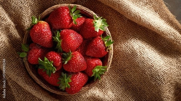 Obraz Fresh strawberries in a basket on burlap