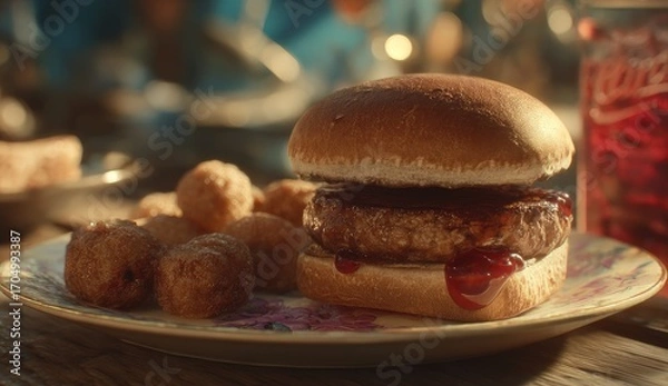 Obraz Burger, sides, and drink on a plate