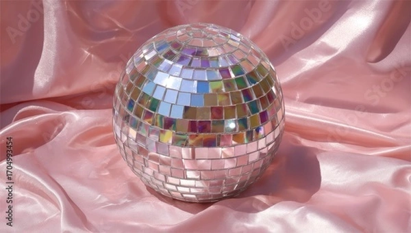 Obraz Mirrored disco ball on pink satin