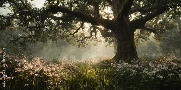 Obraz Misty forest glade, sunlight through ancient oak