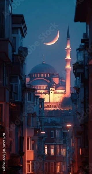 Obraz Night cityscape with mosque and crescent moon