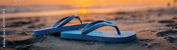 Obraz Blue flip-flops on a sandy beach at sunset (6)