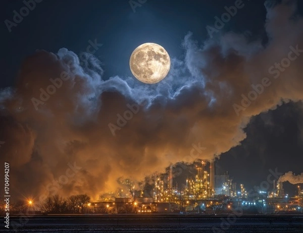 Obraz Industrial complex at night, full moon, clouds, smoke