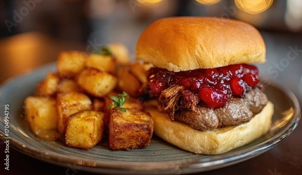 Obraz Savory sandwich with cranberry sauce and crispy potatoes