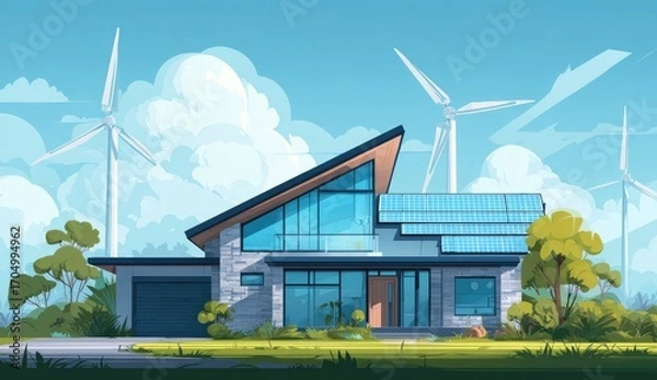 Obraz Modern eco-friendly home with solar panels and wind turbines