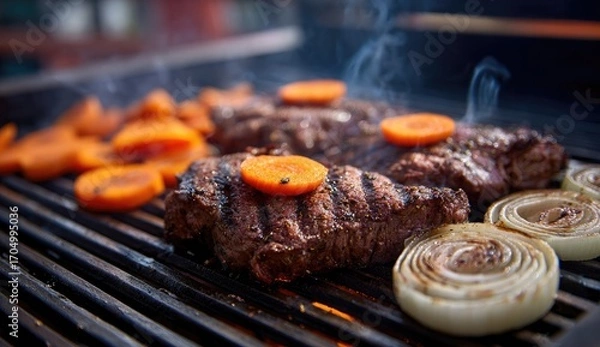 Obraz Grilled steaks and vegetables on a hot grill (1)