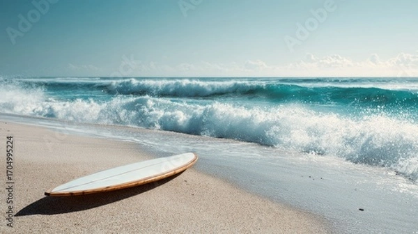 Obraz Surfboard on sandy beach, ocean waves (5)