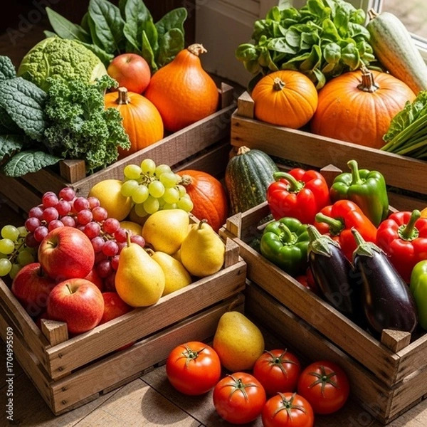 Fototapeta Autumn harvest with fresh vegetables and fruits in wooden crates for a seasonal farmer's market, healthy food, and abundant produce concepts