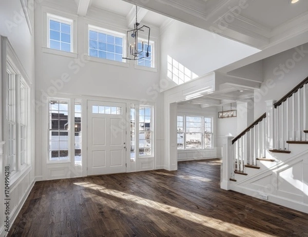 Obraz Bright, spacious foyer with hardwood floors, tall windows, and white trim