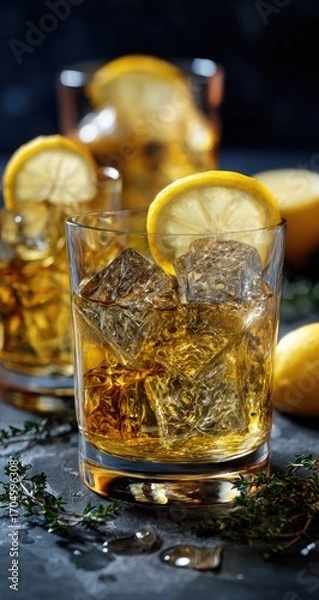 Obraz Two iced drinks with lemon slices and ice