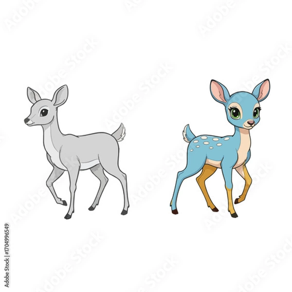 Fototapeta Two adorable deer fawn illustration isolated on white background, one gray and one blue
