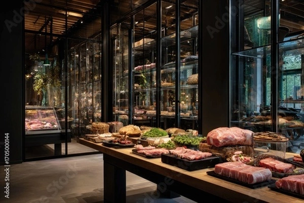 Obraz Modern butchery display with glass cases, raw meats, and prepared dishes on a long table