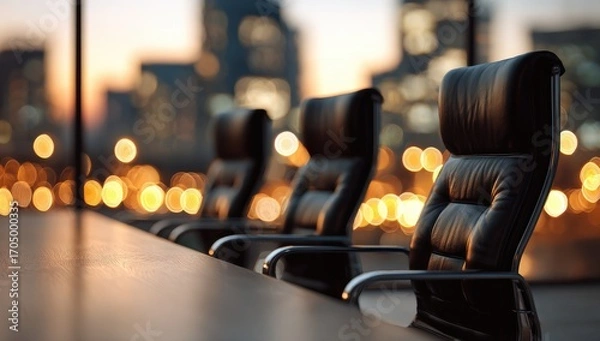Obraz Empty conference room at dusk with city view
