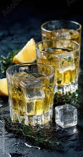 Obraz Three cocktails with ice, lemon slices, and thyme sprigs on a dark background