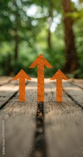 Obraz Three orange arrows pointing upward on a wooden surface, with a blurred green forest background
