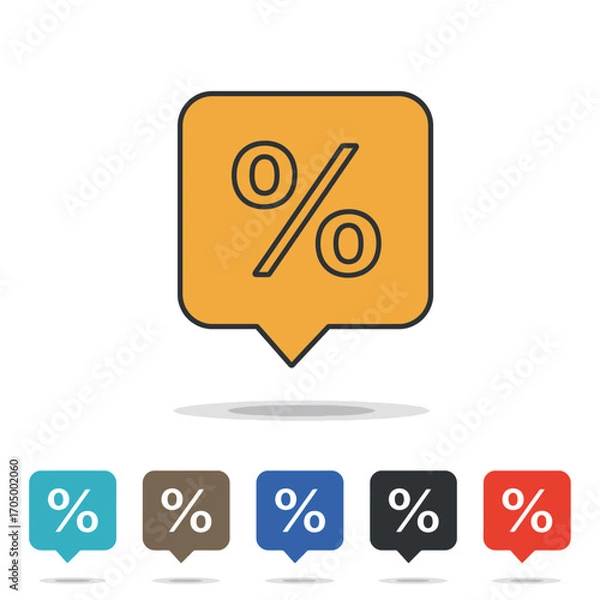 Fototapeta A vibrant collection of percentage sign icons within speech bubbles, representing various financial concepts like discounts, sales, and special offers.
