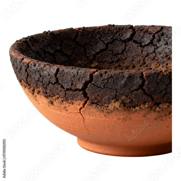 Fototapeta Cracked Clay Bowl: Rustic Pottery Texture isolated on transparent background