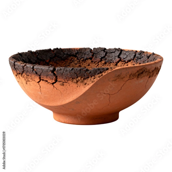 Fototapeta Artisan Pottery: Rustic Terracotta Bowl with Crackled Glaze - Unique Handmade Ceramic Dish isolated on transparent background