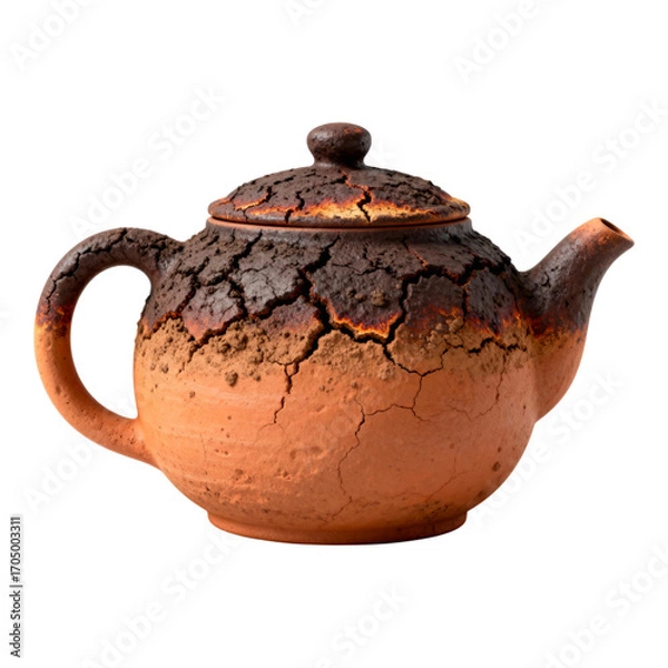 Fototapeta Terracotta Teapot: Rustic Ceramic Tea Kettle with Cracked Texture isolated on transparent background