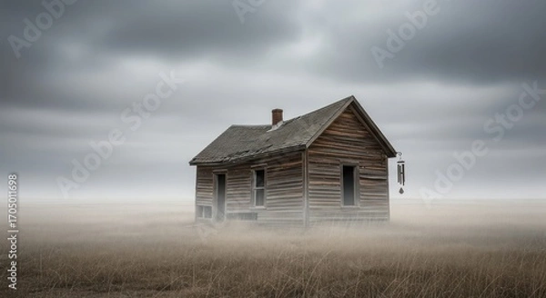 Obraz Abandoned Wooden House in a Misty Field with Wind Chimes and Overcast Sky