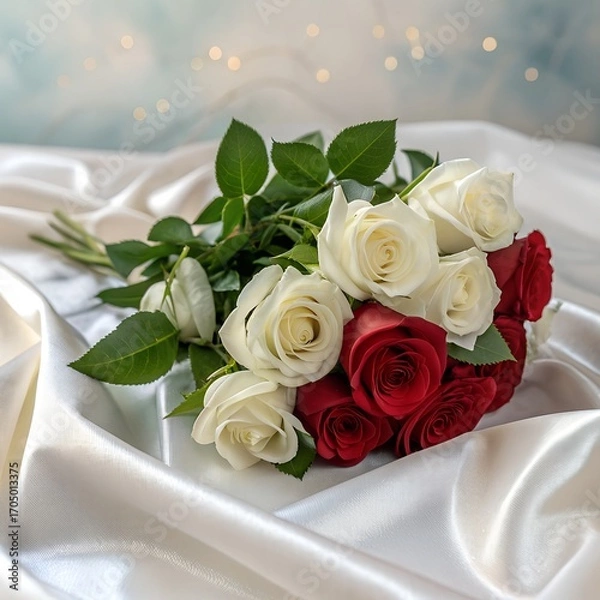 Fototapeta A bouquet of fresh white and red roses on silky fabric with a dreamy background.
