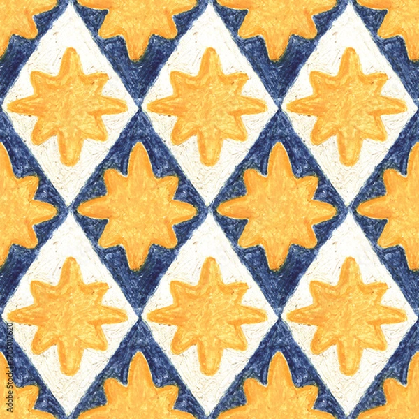 Fototapeta Seamless pattern with yellow stars. Geometric arrangement with blue diamonds. Abstract decorative design. Hand drawn texture.