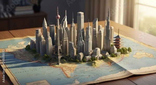 Obraz Miniature world cityscape on vintage map featuring iconic buildings and landmarks