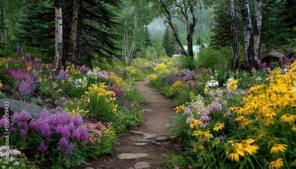 Fototapeta Colorful flower-filled path through a lush forest garden