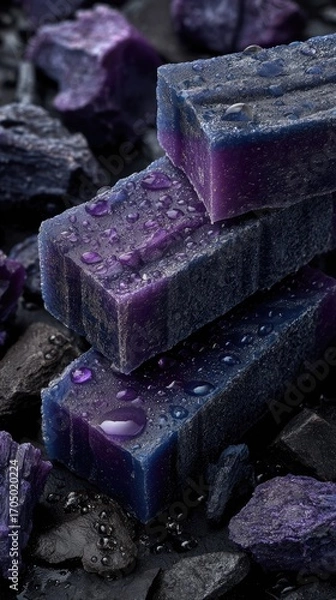 Fototapeta Stacked violet soap bars, wet with water droplets, surrounded by charcoal