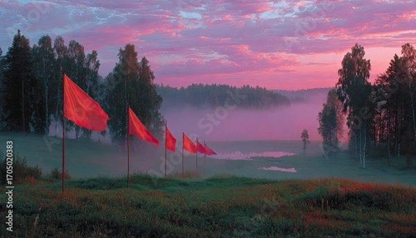 Fototapeta Misty golf course at dawn, flags marking fairway