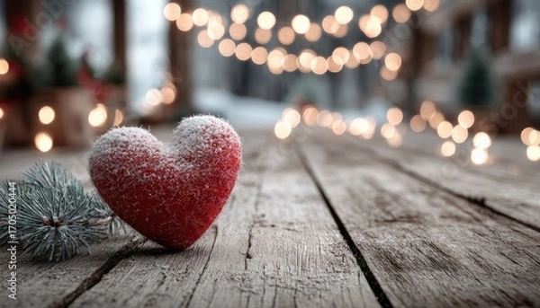 Fototapeta Rustic heart, snow, lights