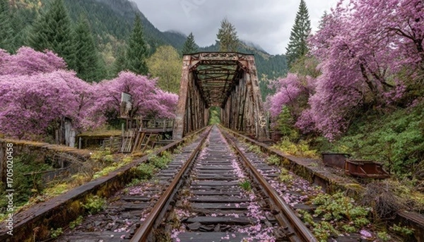 Fototapeta Rusty bridge, vibrant pink blossoms frame a railway track