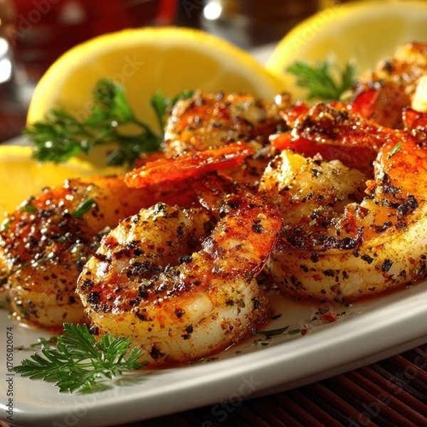 Fototapeta Roasted shrimp with lemon slices