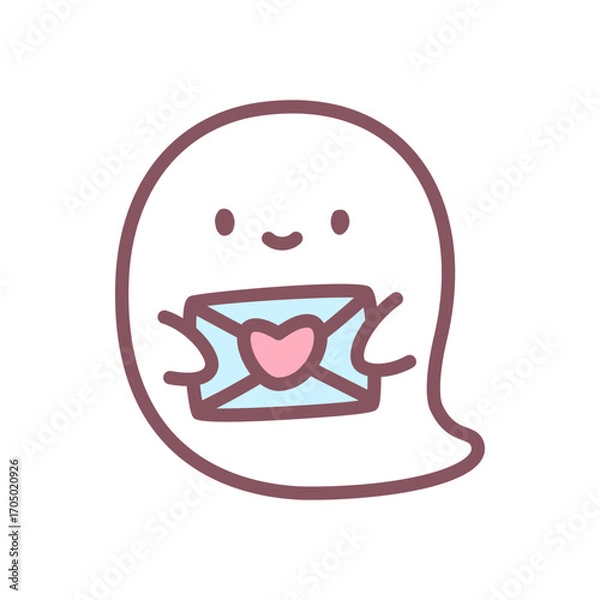Fototapeta Cute ghost with love letter icon. Funny little ghost character holding envelope with heart seal. Doodle illustration isolated on white background. Kawaii sticker. Vector 10 EPS.